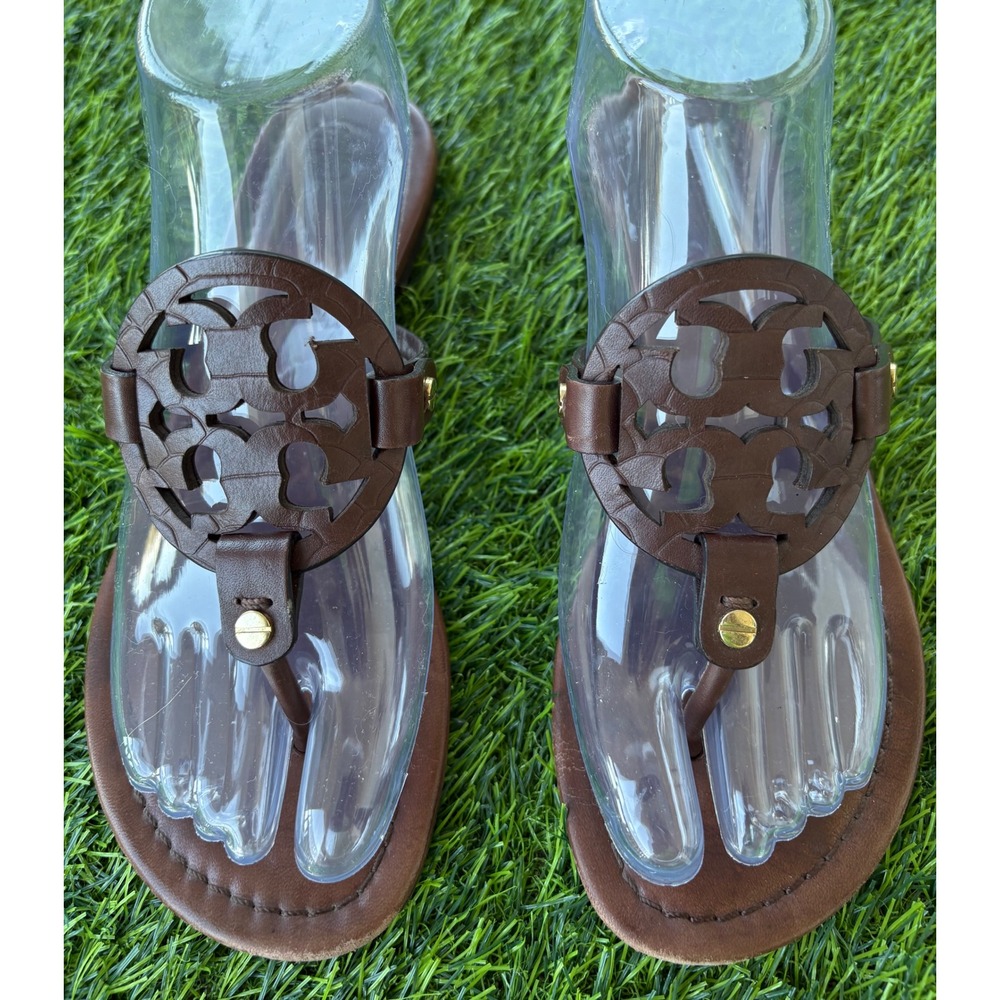 Tory Burch Miller Thong Sandals Brown Leather Logo Flat 7.5M
